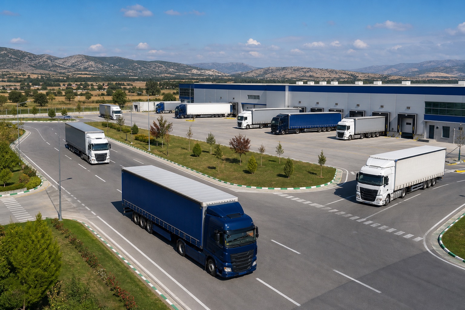 Gündüz çalışan modern bir lojistik merkezi ve yük araçları